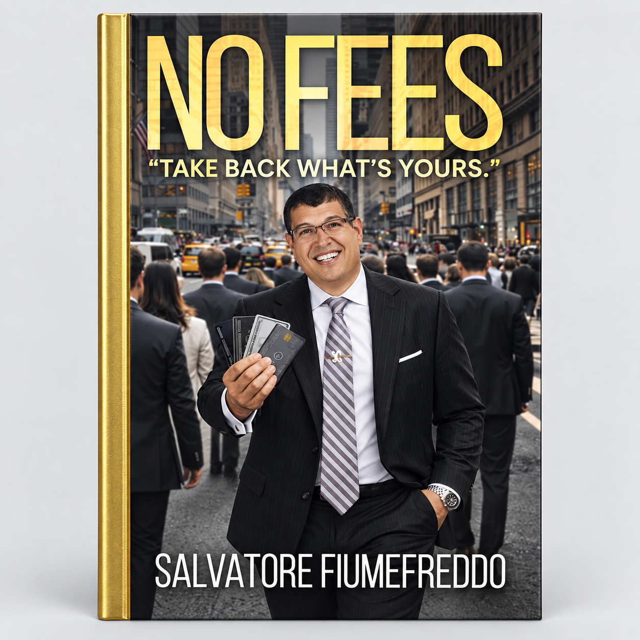 No Fees by Salvatore Fiumefreddo, front-facing book with gold binding